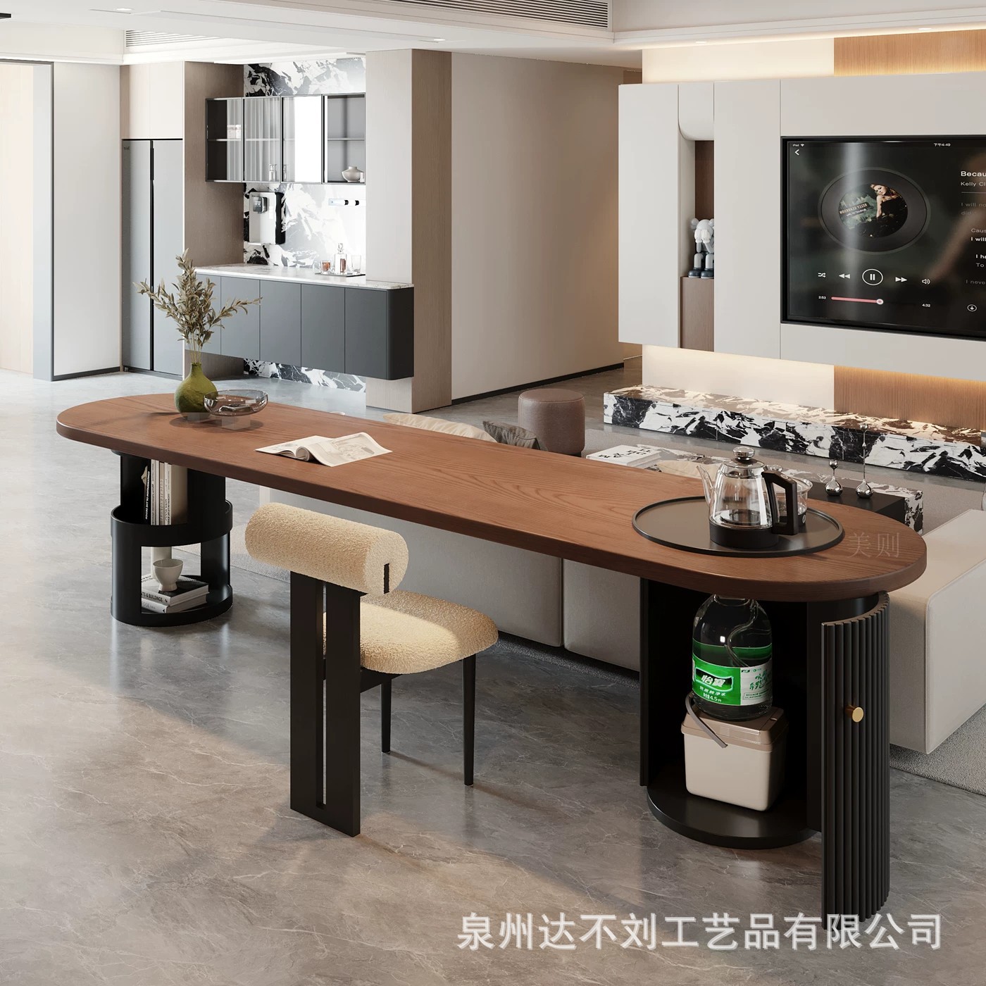 风茶桌茶台一体胡桃木色去客厅化大长桌双人实木沙发后长条桌书桌