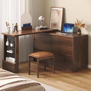 黑胡桃木实木梳妆台主卧室斗柜书桌一体多功能转角书桌收纳化妆桌