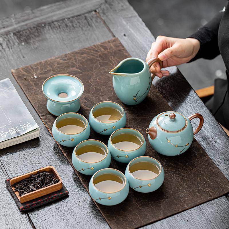 茶具茶盘套装家用锔钉轻奢陶瓷汝窑茶壶茶杯套餐客厅办公室会客