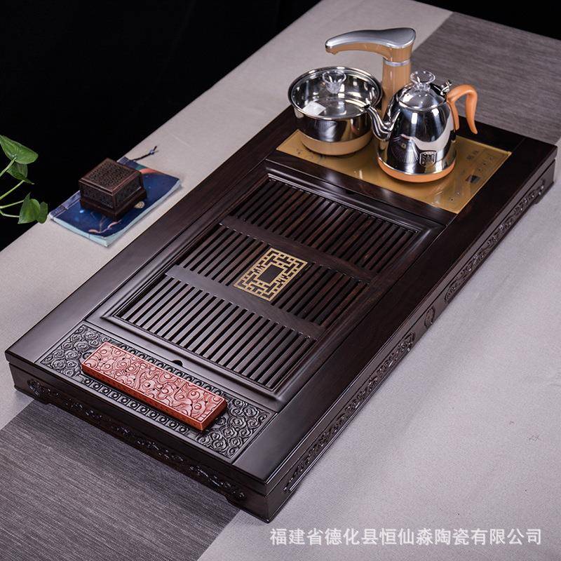 实木茶盘家用乌金石黑檀鸡翅木套装四合一全自动电热炉大号茶道托