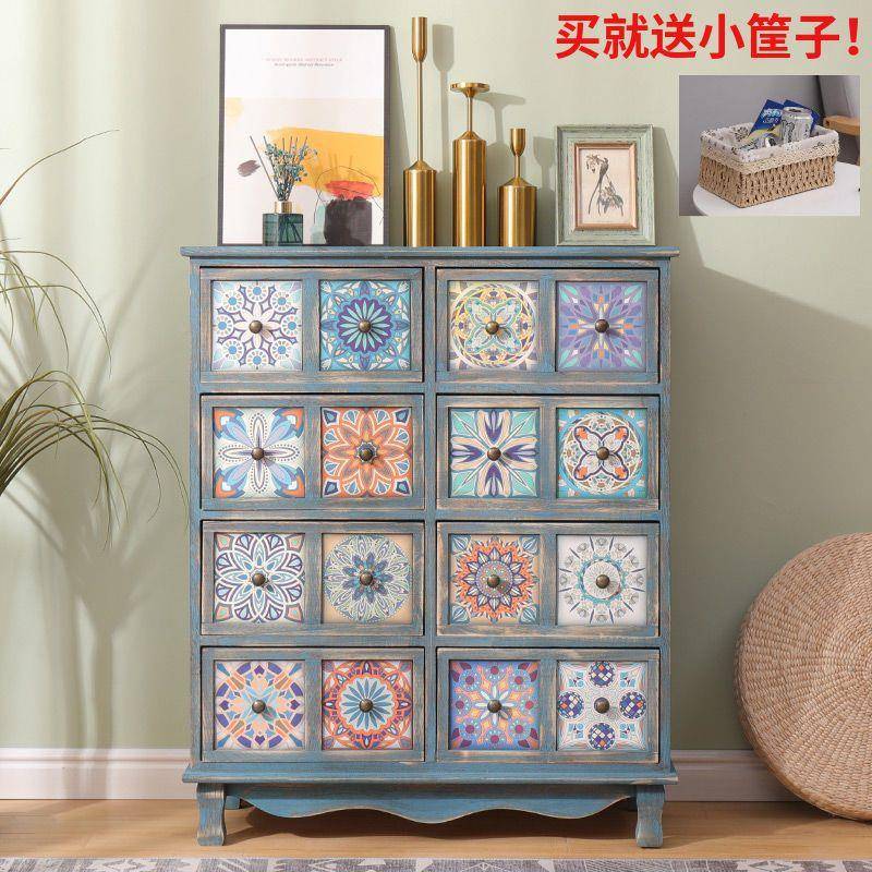 简易小柜子木质斗柜复古美式客厅收纳柜简约现代边柜靠墙中式彩绘