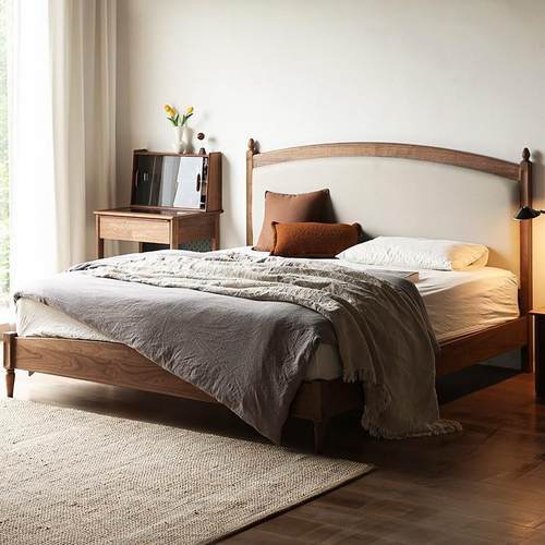 北美黑胡桃木全实木床樱桃木美式复古软包布艺双人床主卧简约婚床