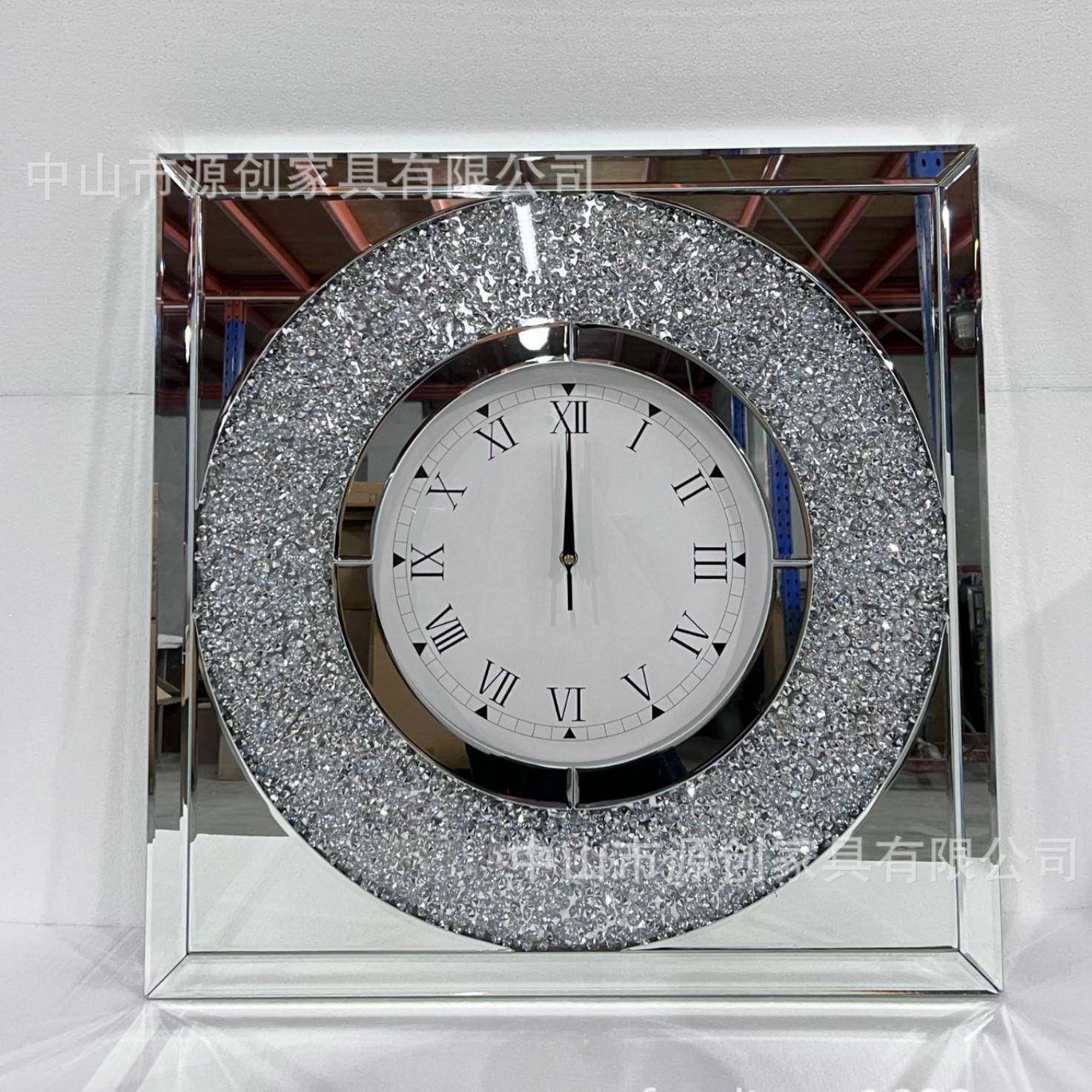 镜面墙钟钻石壁钟欧式墙饰客厅玻璃挂钟静音简约时尚现代实木