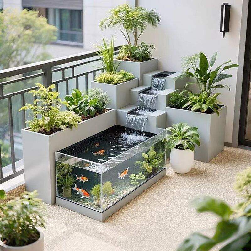 阳台创意流水鱼缸花箱金属落地亚克力露台循环鱼池不锈钢庭院组合