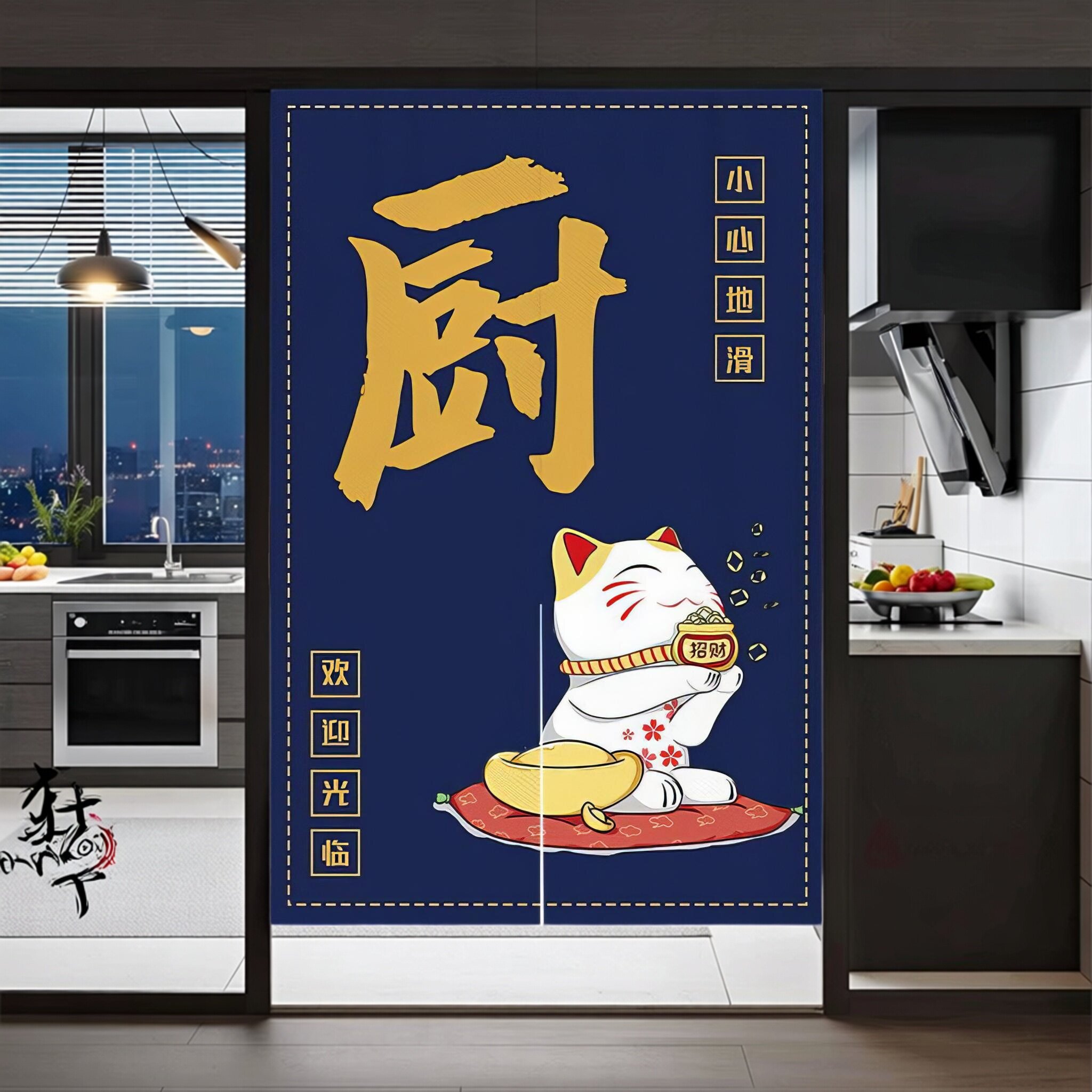 招财门帘商用厨房隔断窗油烟饭店后厨遮挡半帘餐饮挂帘免打孔布帘