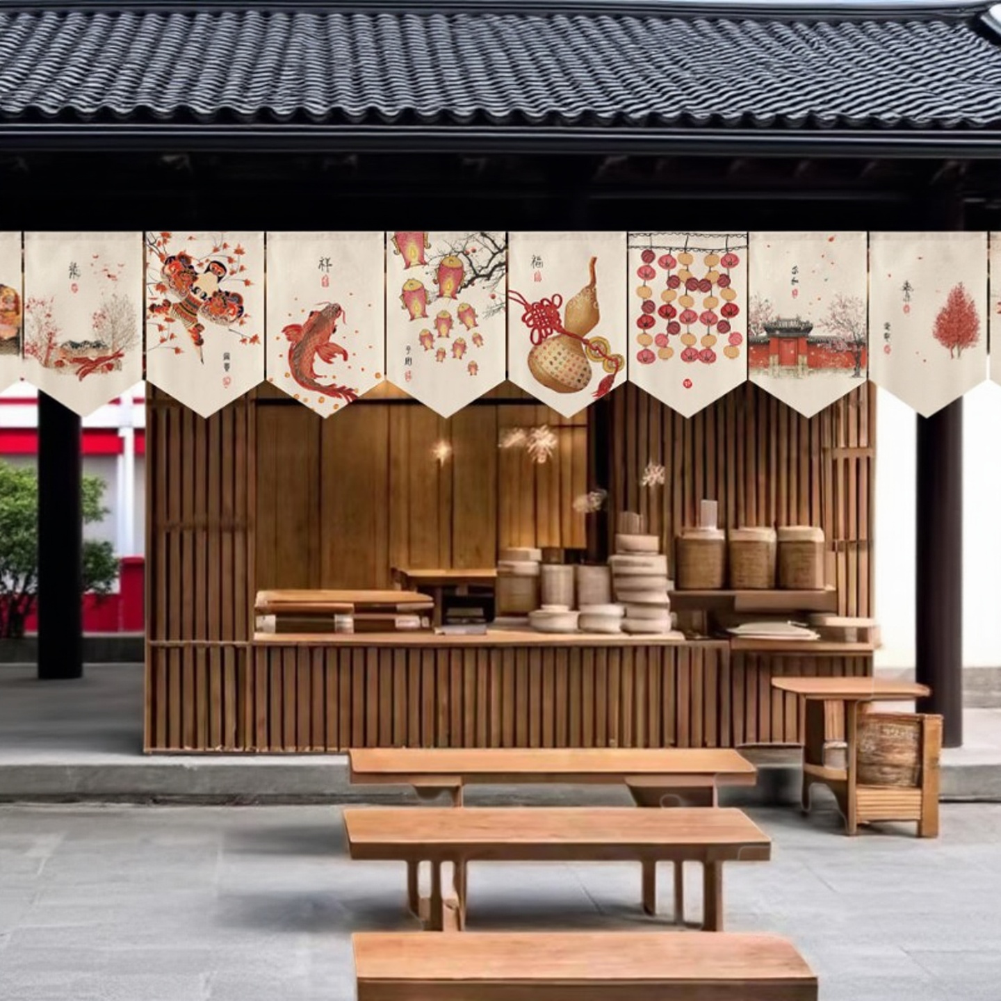 新中式茶馆三角旗帘卧室门帘短帘装饰半帘厨房阳台飘窗小挂帘布帘