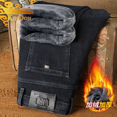 金盾冬季加绒牛仔裤男款高腰直筒宽松加厚保暖中年休闲长裤子男款