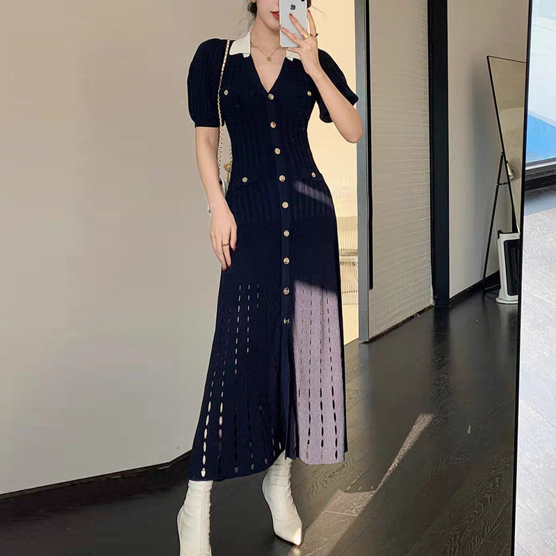 maSande黑色红色毛衣大摆针织连衣裙23早春女装翻领性感修身显瘦
