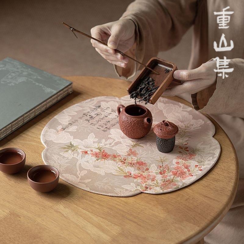 新中式双面织锦云纱茶席桌旗圆形海棠干泡垫茶几桌布防滑茶垫茶布