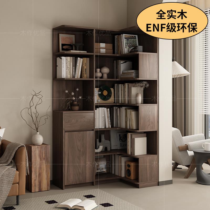 中古风实木转角书柜家用客厅落地收纳柜法式复古书房展示柜置物架