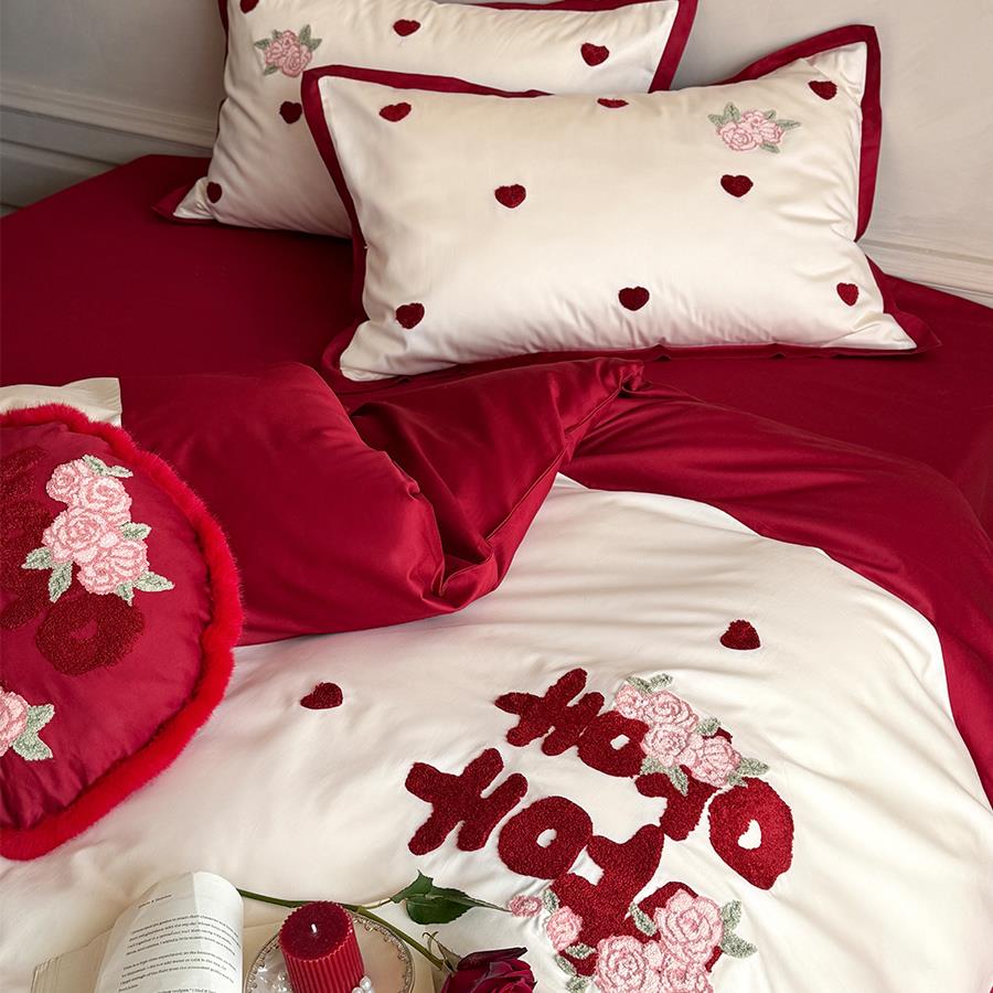 玫瑰花毛巾绣婚庆四件套全棉小清新爱心喜字红色结婚被套床单床笠