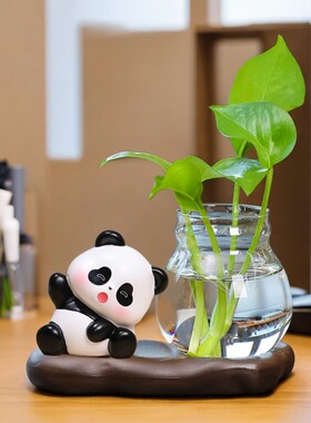 新款熊猫绿萝水培器皿装饰瓶玻璃水养插办公桌厅装饰