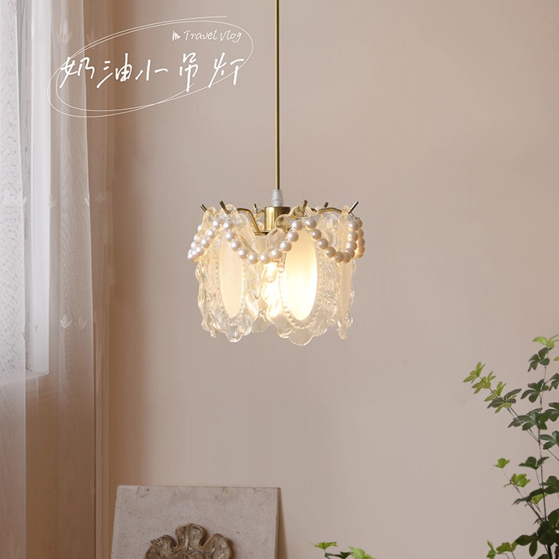 法式卧室床头吊灯复古水晶玻璃餐厅小吊灯羽毛单头吊线玄关过道灯