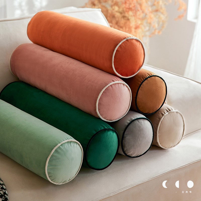丝绒滚边糖果枕长条靠腿靠背亲肤靠枕客厅沙发时尚枕单人靠包含芯
