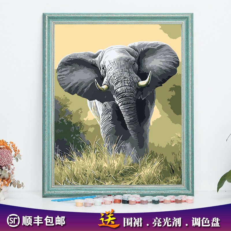 数字油画大象动物减压手工绘填色涂画客厅装饰油彩画