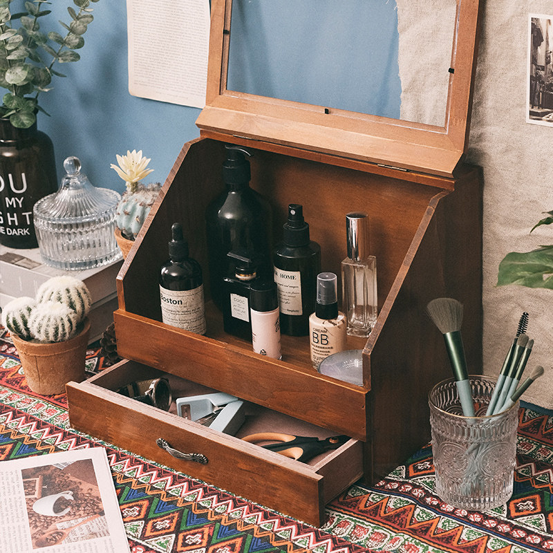 实木桌面收纳盒卧室梳妆台护肤品木制收纳抽屉复古风香水防尘柜子