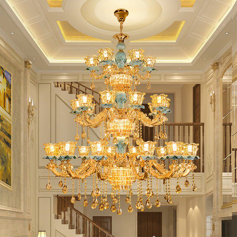 复式楼客厅大吊灯别墅大厅吊灯楼中楼酒店客厅灯欧式楼梯水晶吊灯