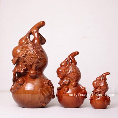 桃木葫芦立体镂刻送实木底座手把件摆件木雕