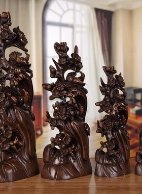 木雕喜上眉梢工艺品摆件 家庭客厅酒柜电视柜两边新中式装饰摆设