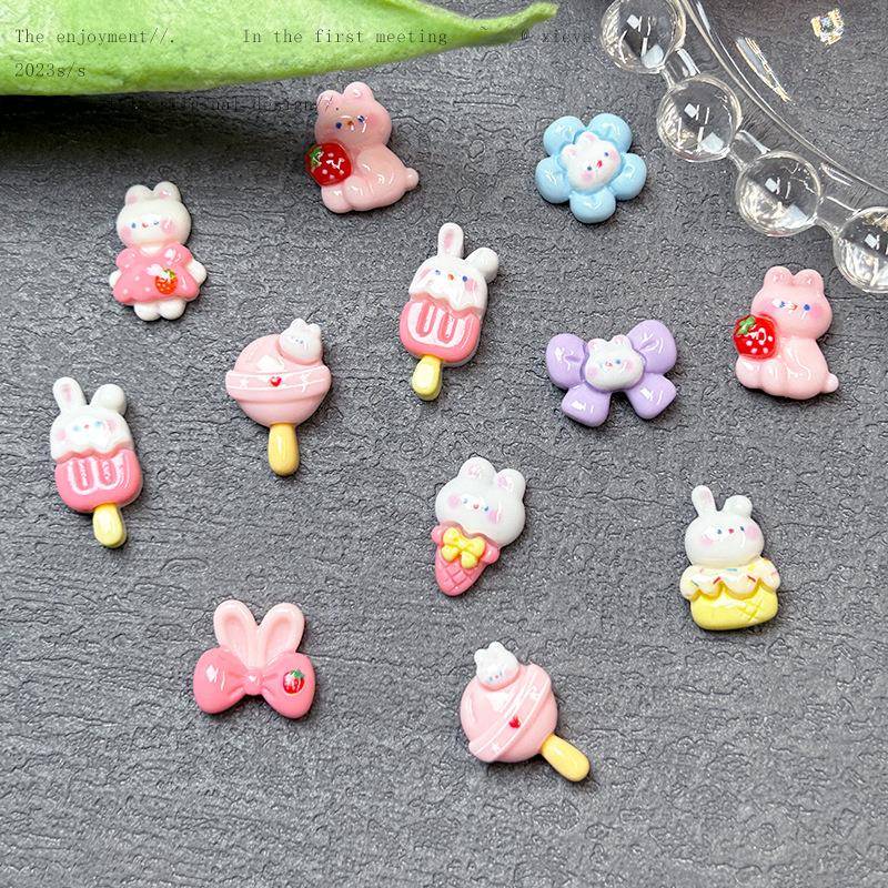 可爱卡通草莓兔美甲饰品配件立体蝴蝶结美甲用品手工美甲配饰