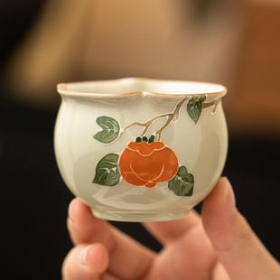 高档主人杯喝茶品茗杯单杯 手绘柿柿如意鼓腹花蕾杯茶杯品茗杯中式
