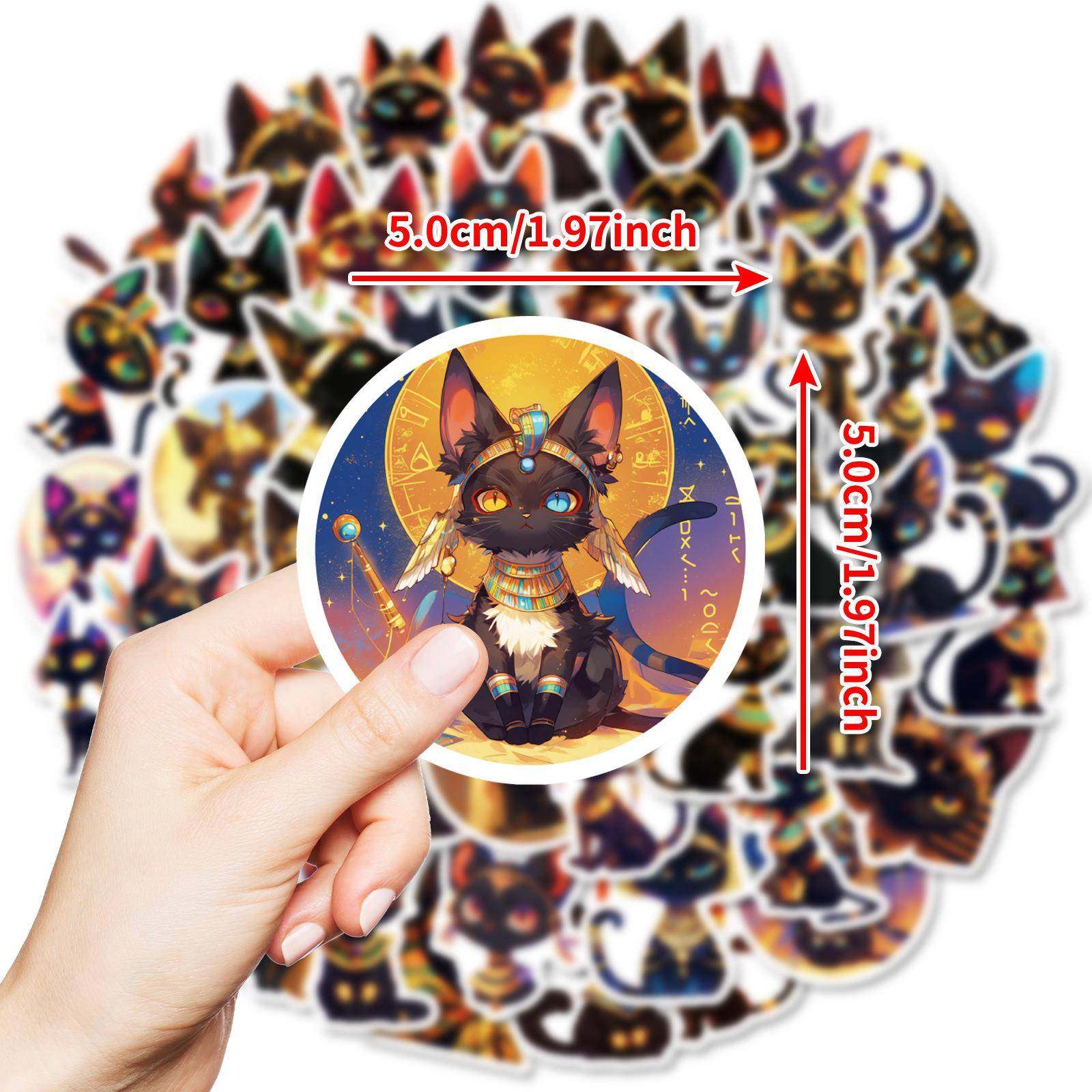 50张跨境热卖埃及小猫咪主题贴纸PP材质防水装饰贴画DIY水杯冰箱