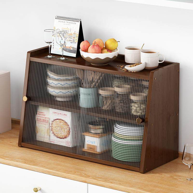 日式桌面餐边柜厨房台面置物架实木收纳储物柜子家用玻璃碗柜茶柜