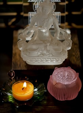 家用佛堂供佛观音大悲水圣水杯贡杯粉色古法琉璃荷叶莲花供杯摆件