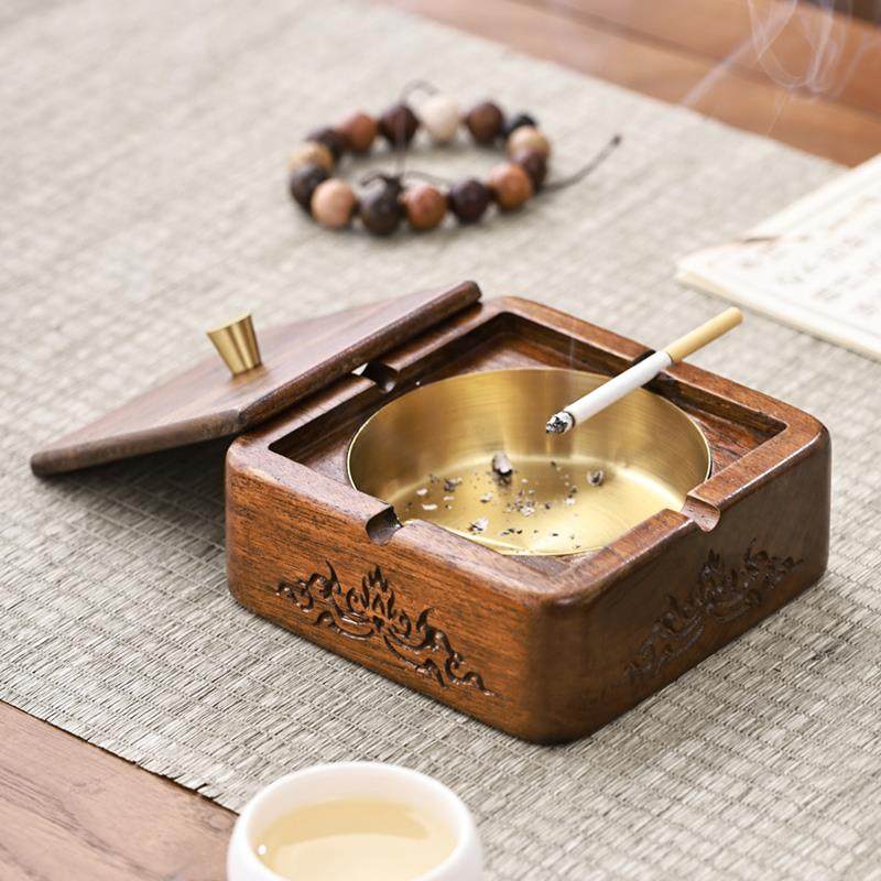 异丽实木烟灰缸高级感家用客厅卧室防飞灰办公室酒店中式带盖子灰