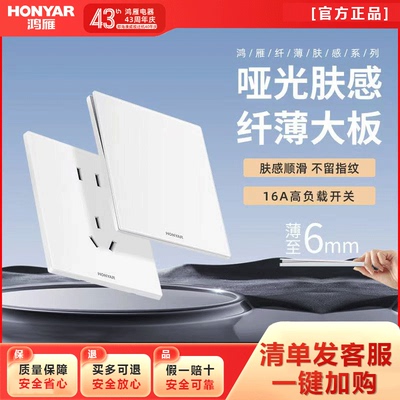 鸿雁超薄哑光磨砂开关插座面板一体家用多孔双控五孔暗装墙壁E9白
