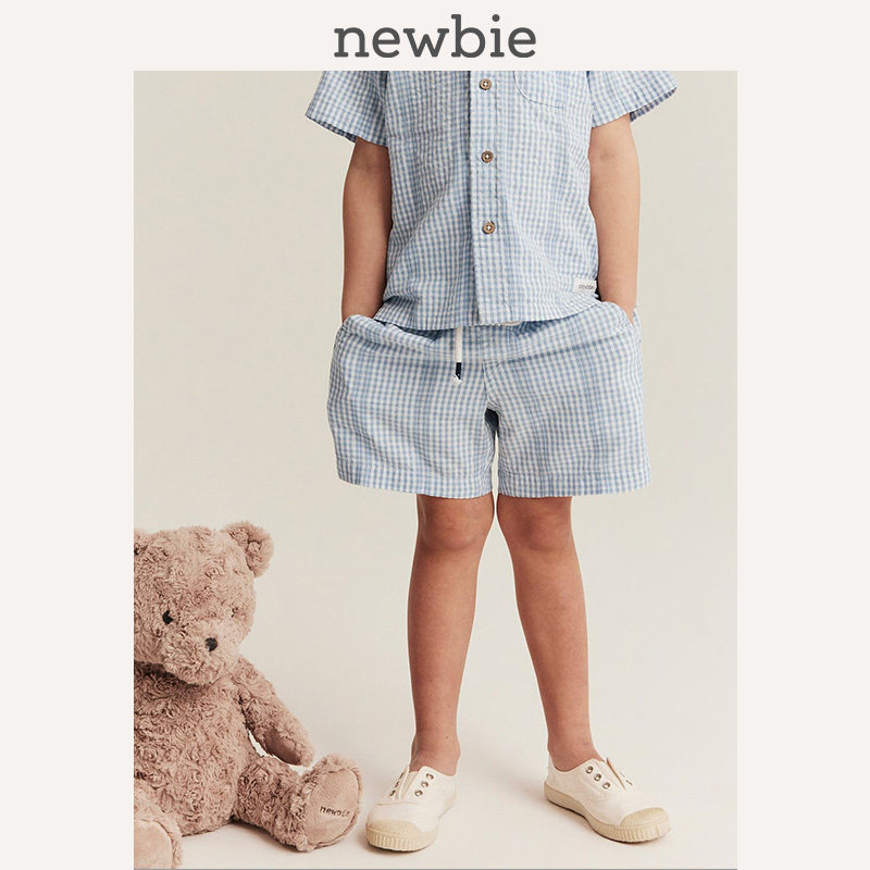 Newbie瑞典进口童装儿童春夏纯棉薄款凉感透气蓝白格纹休闲裤短裤