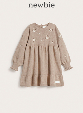 Newbie瑞典童装秋冬婴儿裙子棕色花卉针织连衣裙厚款复古甜美风