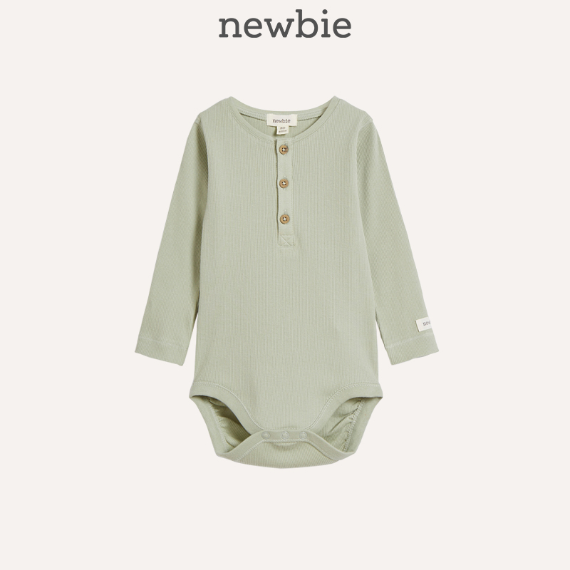 Newbie瑞典北欧童装春夏婴儿条纹系列绿色简约长袖连体衣爬服