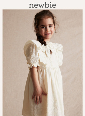 Newbie瑞典进口童装春夏儿童有机棉纯白刺绣连衣裙派对花童裙典雅