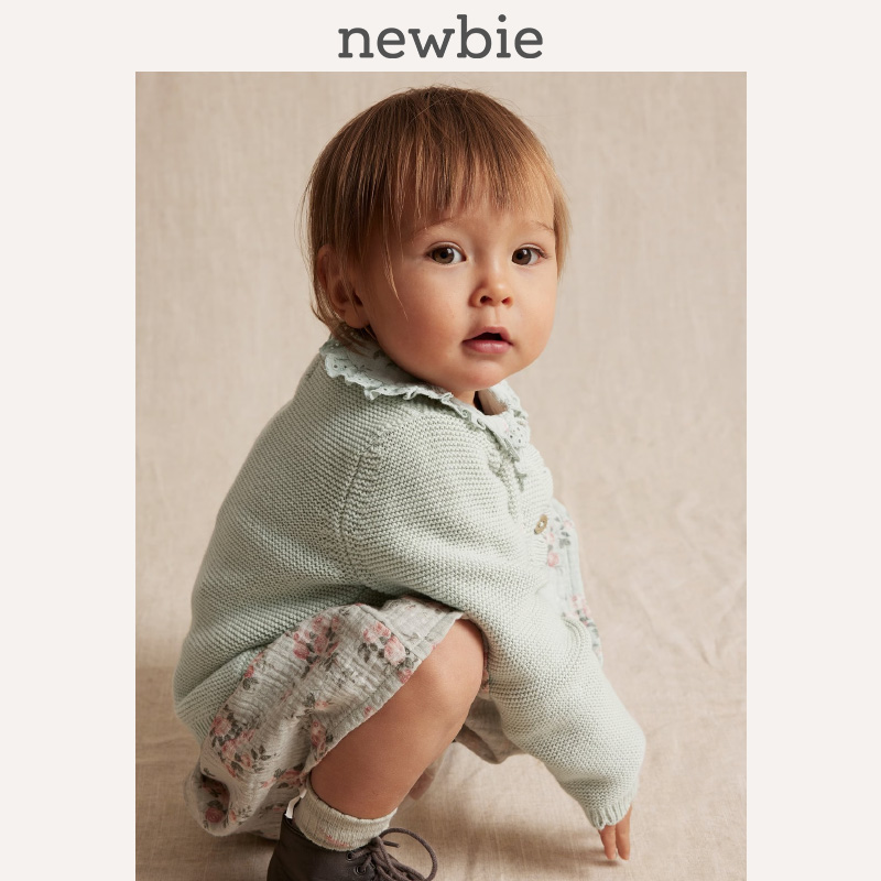 Newbie瑞典进口童装春夏绿色有机棉花卉针织开衫毛衣上衣百搭温柔