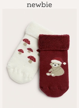 Newbie瑞典童装秋冬婴儿圣诞新年印花袜保暖长筒打底有机棉袜子