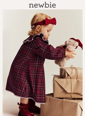 Newbie瑞典进口婴儿圣诞新年红色格纹连衣裙有机棉纯棉亲肤柔软