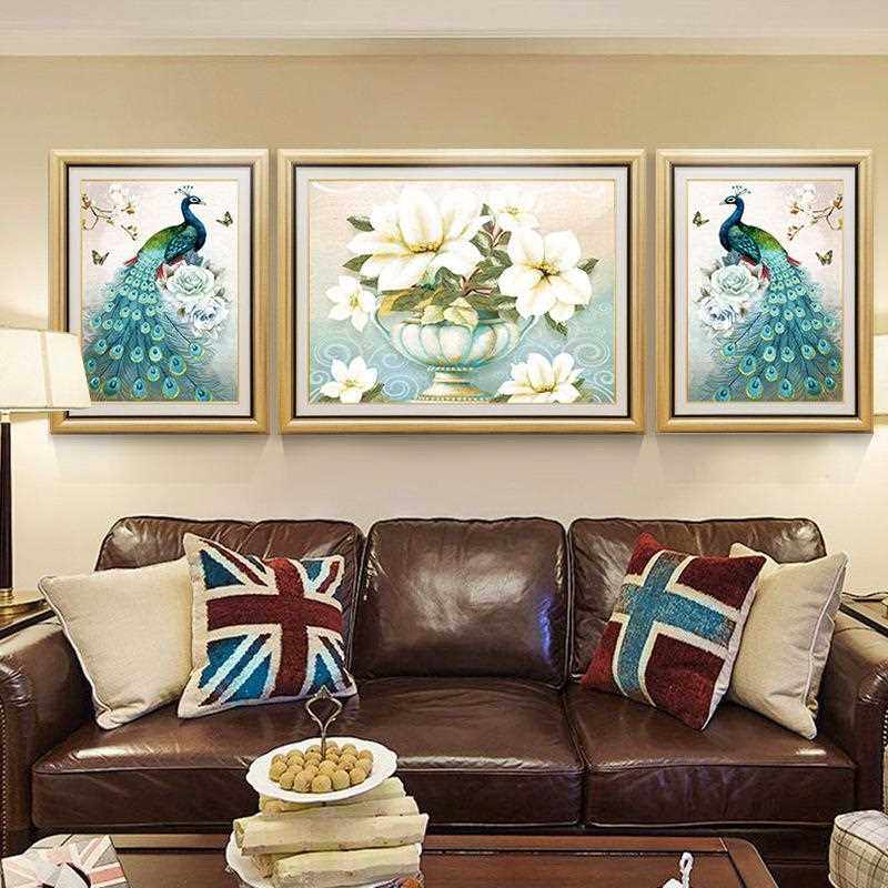 新款直销2019新款5D钻石画客厅美式孔雀三联画贴钻十字绣花开富贵