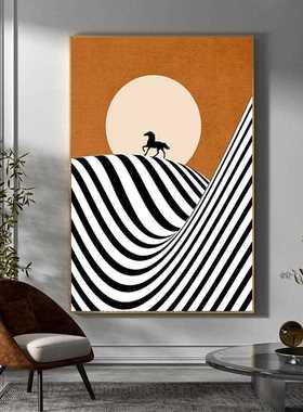新款直销多彩 马到成功 橙色日出现代简约黑白线条大幅落地玄关客