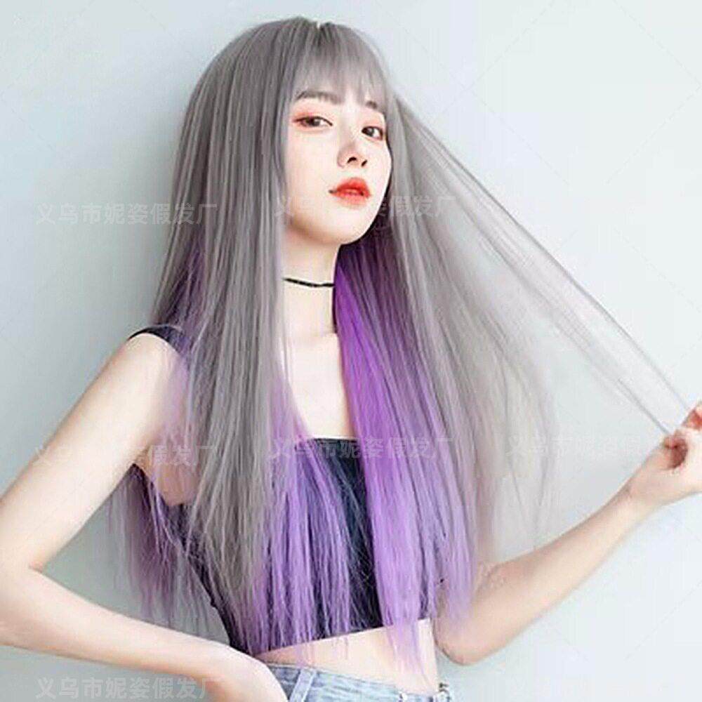 新款直销亚马逊新品银灰挑染紫色长直发刘海欧美假发女机制化纤头