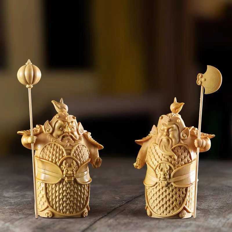 新款直销崖柏黄杨木哼哈二将摆件创意雕刻摆饰家居供奉哼哈二将摆