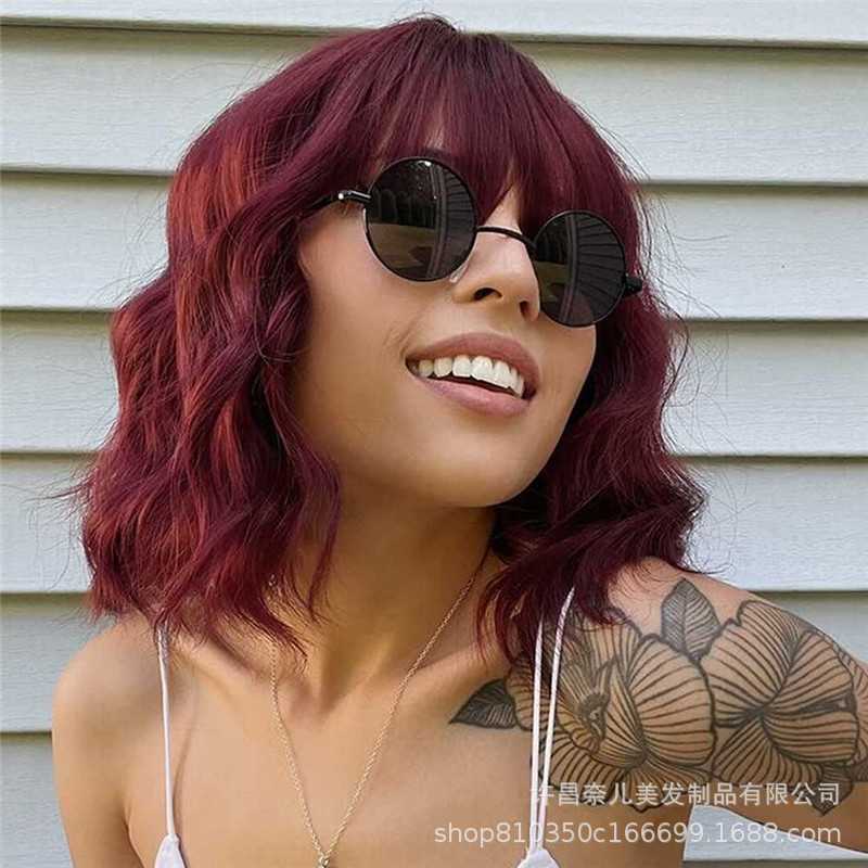 新款直销欧美女网红短卷发Synthetic wigs酒红色高温假发化纤蓬松
