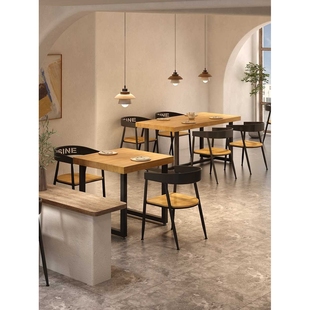 新款直销实木铁艺员工餐厅长方形快餐店餐桌椅组合 烧烤奶茶店商