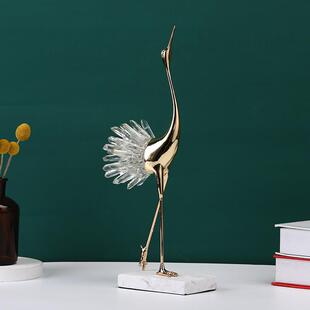 新款直销新中式软装家居客厅电视柜轻奢透明水晶仙鹤摆件金属工艺