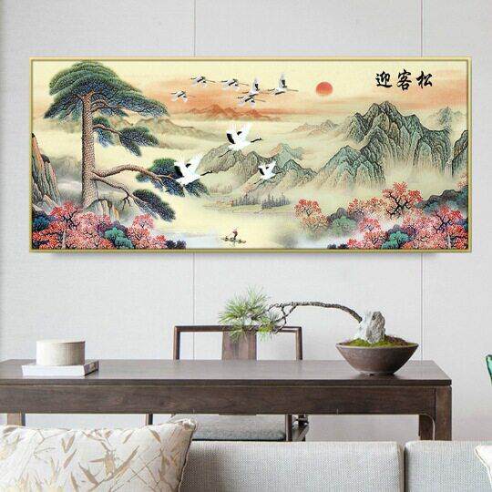 新款直销满钻钻石画客厅新款手工点钻十字绣迎客松仙鹤山水画