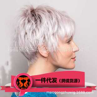 新款直销现货 欧美假发染色深根银白短发女 中老年蓬松化纤假发8
