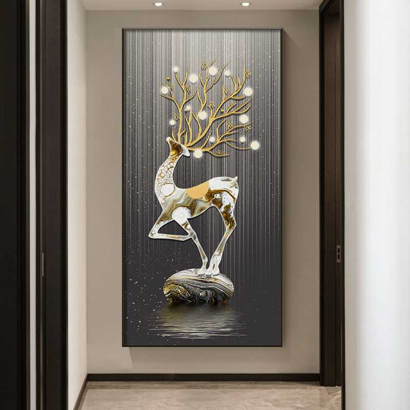 新款直销晶瓷画入户玄关装饰画轻奢福鹿挂画玄关画轻奢现代高档客