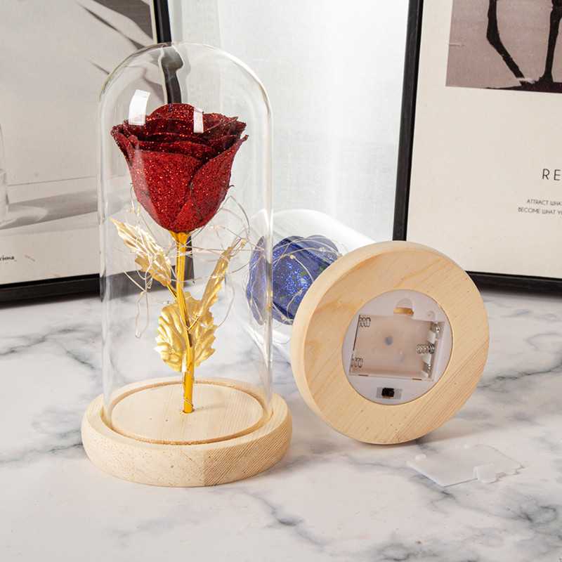 新款直销24k金粉玻璃罩玫瑰花创意母亲情人节礼物发光仿真永生花