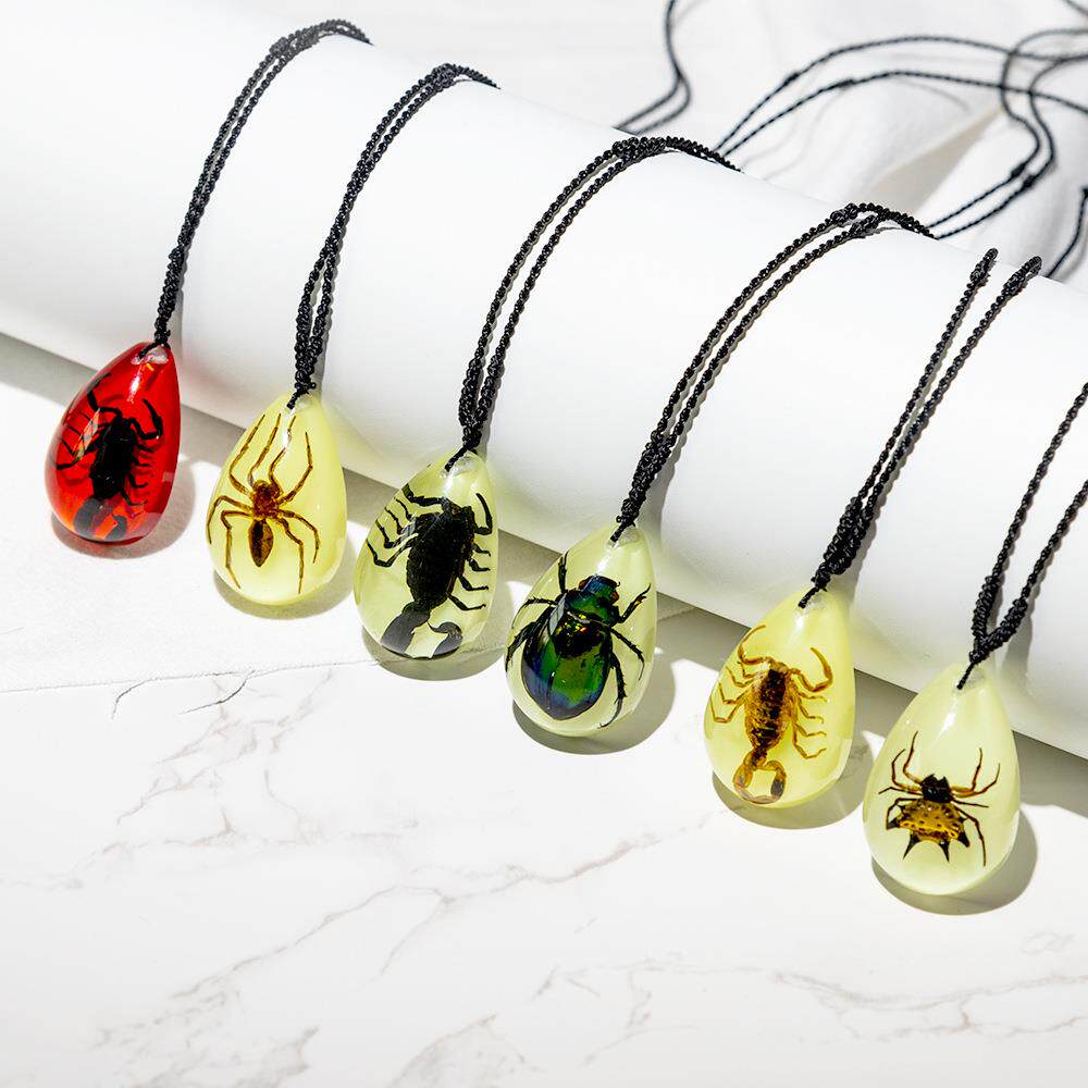 新款直销千年虫外贸水晶树脂滴胶包埋天然昆虫独特水滴挂件编织绳