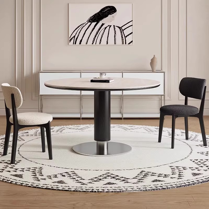 意式新款中古风圆桌家用小户型实木岩板餐桌椅组合复古圆形小餐桌